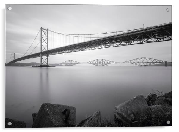 The Forth Bridges black and white Acrylic by Anthony McGeever