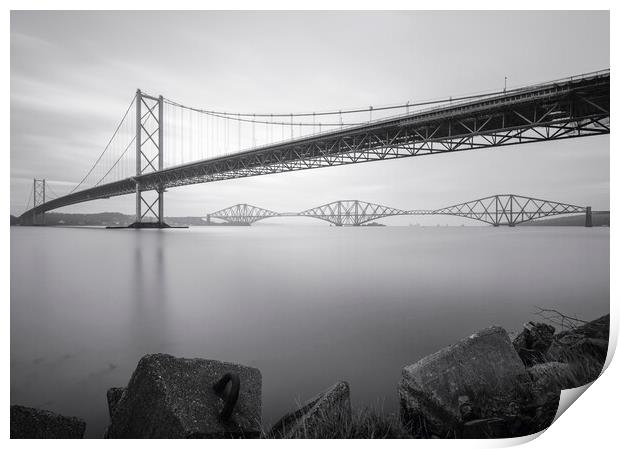 The Forth Bridges black and white Print by Anthony McGeever