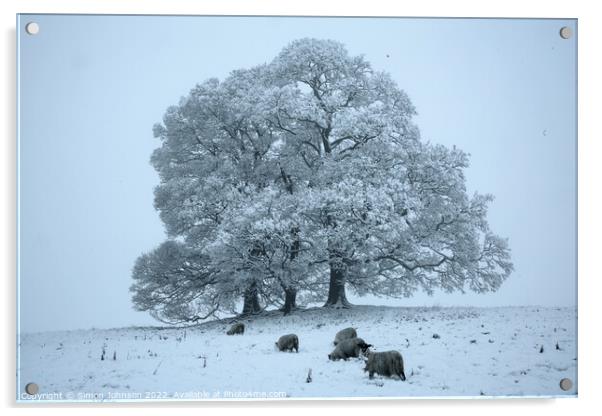 Tree, sheep and snow  Acrylic by Simon Johnson