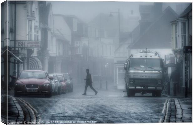 Foggy Harbour Street, Whitstable Canvas Print by Evolution Drone