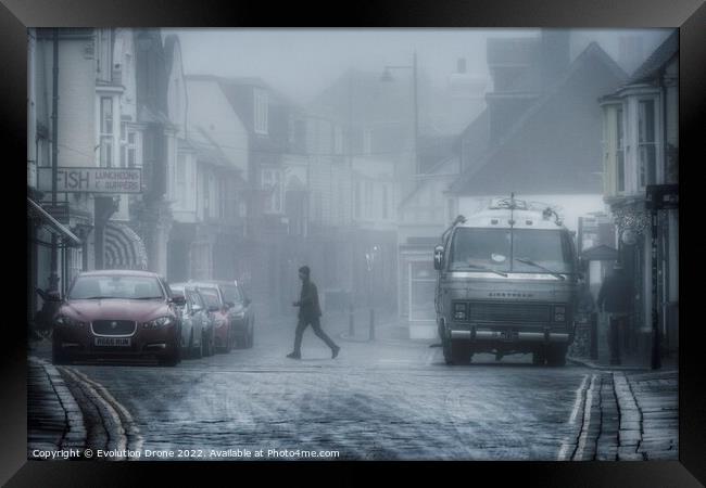 Foggy Harbour Street, Whitstable Framed Print by Evolution Drone