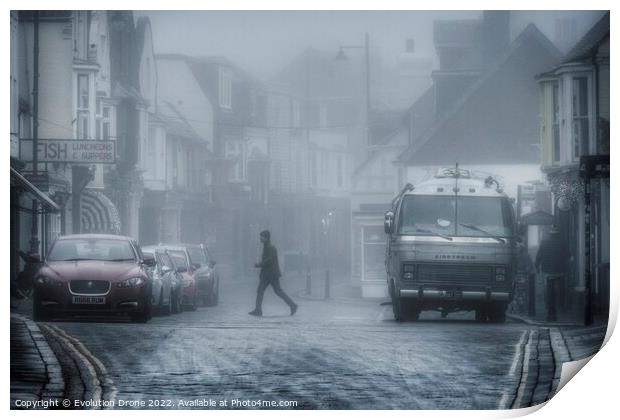 Foggy Harbour Street, Whitstable Print by Evolution Drone