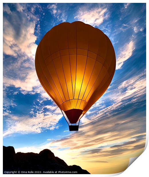 Hot Air Balloon Flying over Rocky Mountaintop at Sunset Print by Dina Rolle