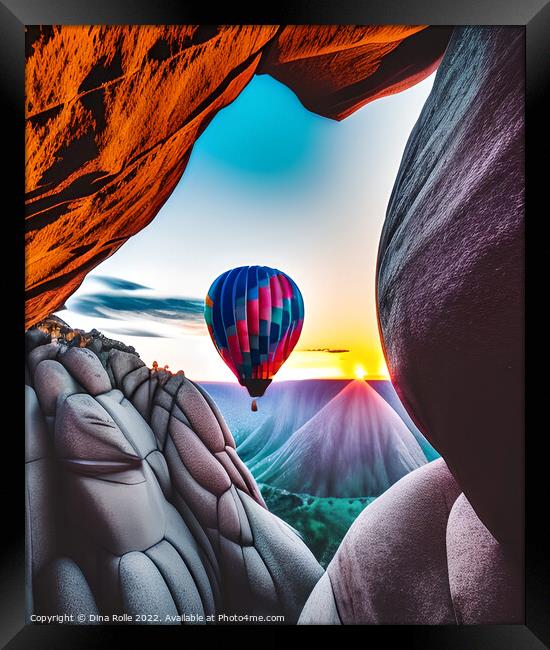 Hot Air Balloon over Rocky Mountain at Sunset Framed Print by Dina Rolle