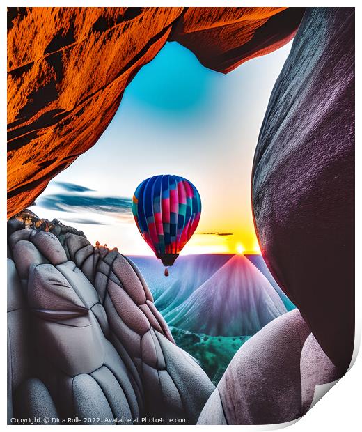 Hot Air Balloon over Rocky Mountain at Sunset Print by Dina Rolle
