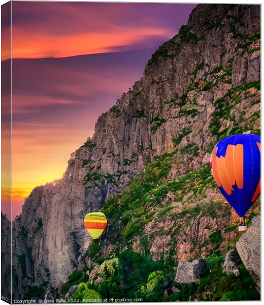Hot Air Balloon Flyer over Rocky Mountaintop at Sunset Canvas Print by Dina Rolle