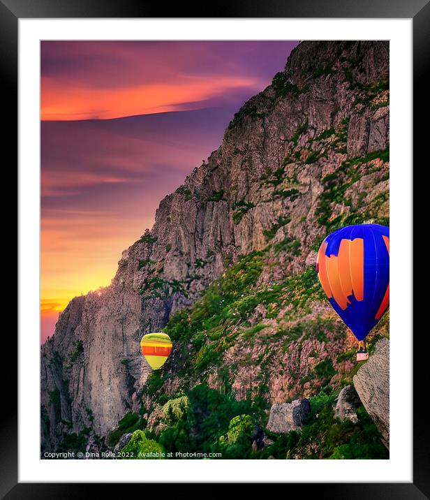 Hot Air Balloon Flyer over Rocky Mountaintop at Sunset Framed Mounted Print by Dina Rolle