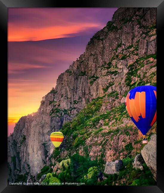 Hot Air Balloon Flyer over Rocky Mountaintop at Sunset Framed Print by Dina Rolle