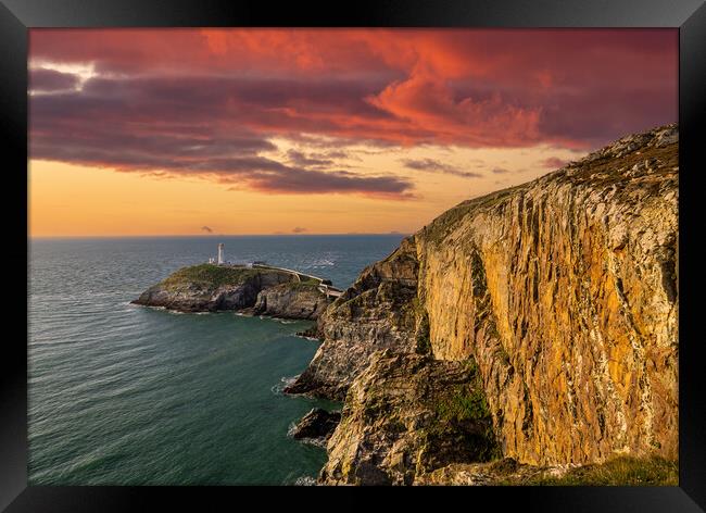 BloodRed Sunset at South Stack Lighthouse Framed Print by Colin Allen