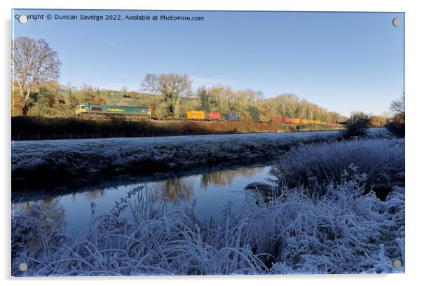Freightliner passes the white frozen landscape of the river Avon near Freshford Acrylic by Duncan Savidge