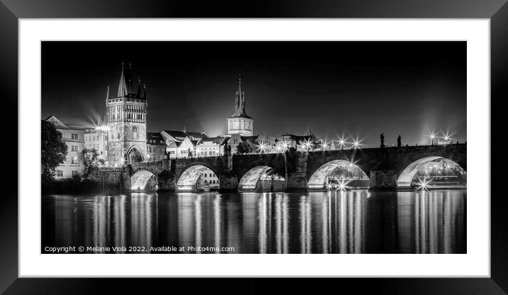 Night impression of Charles Bridge with Old Town Bridge Tower - Panorama Monochrome Framed Mounted Print by Melanie Viola