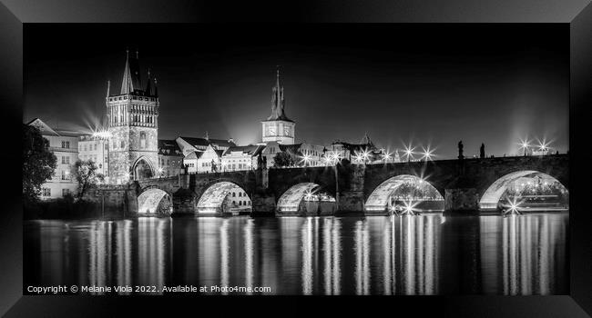 Night impression of Charles Bridge with Old Town Bridge Tower - Panorama Monochrome Framed Print by Melanie Viola