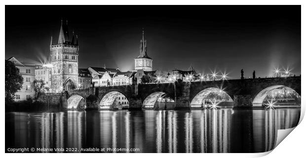 Night impression of Charles Bridge with Old Town Bridge Tower - Panorama Monochrome Print by Melanie Viola