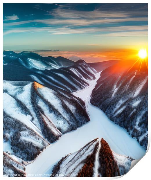 Aerial View of Snowy Mountainscape Print by Dina Rolle