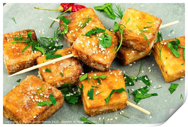 Skewers with fried tofu cheese Print by Mykola Lunov Mykola