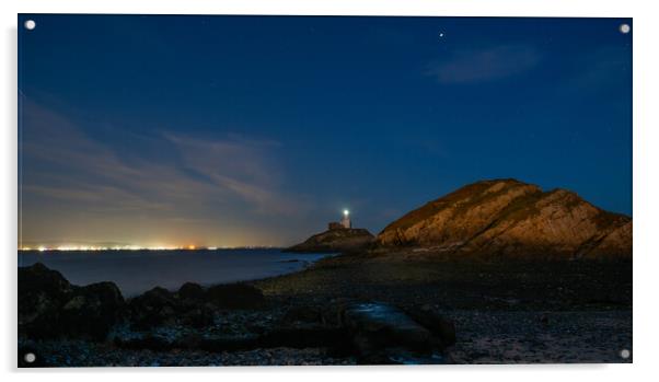 Mumbles lighthouse under the stars Acrylic by Bryn Morgan
