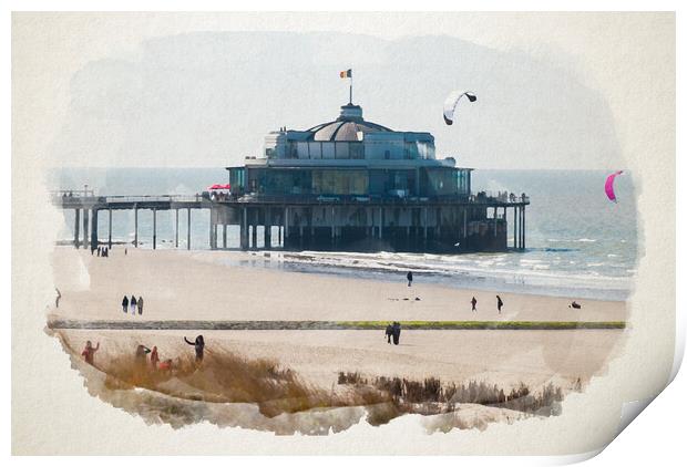 Watercolor of jetty of Blankenberge Print by youri Mahieu