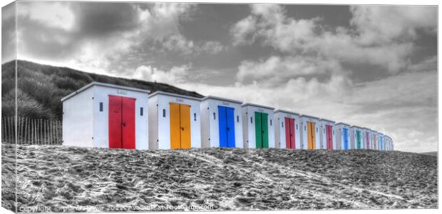 Woolacombe Beach Huts Selective Colour Panoramic Canvas Print by Diana Mower