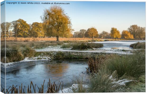 Frozen landscape of Bushy Park ponds Canvas Print by Kevin White
