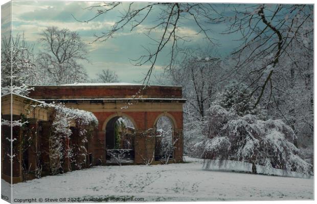 The Valley Gardens' Snow-covered Architecture and Trees in Harrogate. Canvas Print by Steve Gill