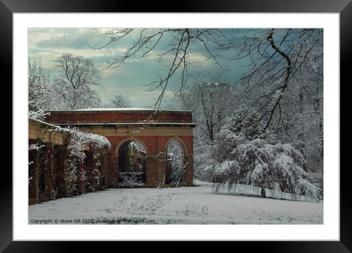 The Valley Gardens' Snow-covered Architecture and Trees in Harrogate. Framed Mounted Print by Steve Gill