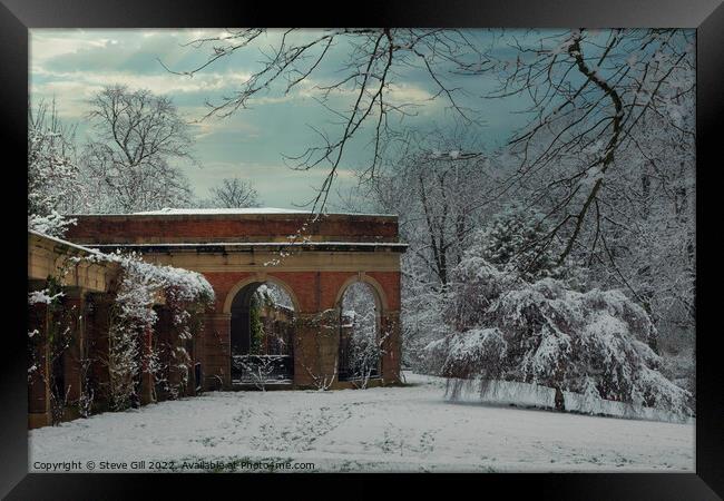 The Valley Gardens' Snow-covered Architecture and Trees in Harrogate. Framed Print by Steve Gill