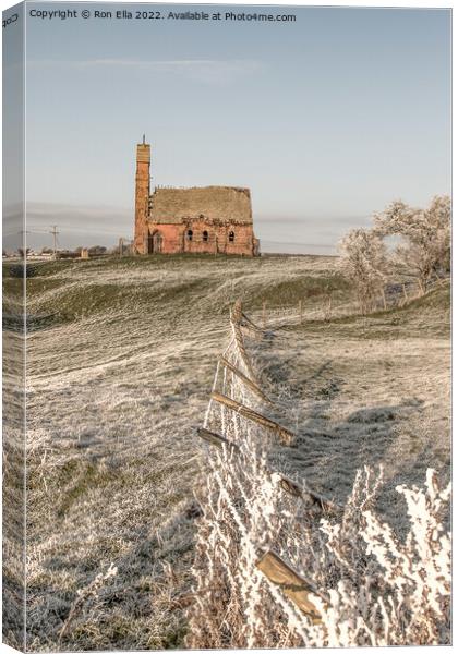 Abandoned Church and Frosty Fence Canvas Print by Ron Ella