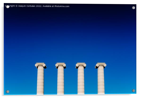 Four classical ionic columns, isolated on blue sky background Acrylic by Joaquin Corbalan