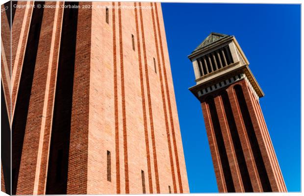 Two Venetian towers in Barcelona, made of exposed brick, built d Canvas Print by Joaquin Corbalan