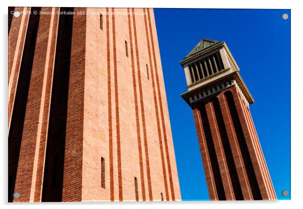 Two Venetian towers in Barcelona, made of exposed brick, built d Acrylic by Joaquin Corbalan