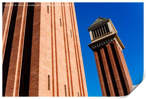 Two Venetian towers in Barcelona, made of exposed brick, built d Print by Joaquin Corbalan