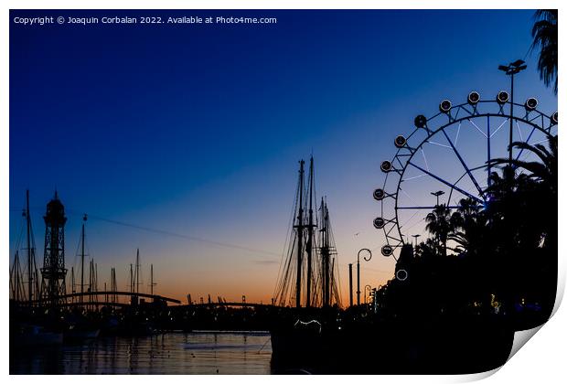 Sunset in the port of Barcelona, with ferris wheel in the backgr Print by Joaquin Corbalan