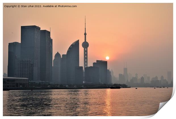 Sunset over the Huangpu river in Shanghai Print by Stan Lihai
