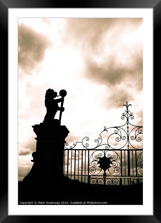 Wraught Iron Garden Gates With A Lion On A Column Framed Mounted Print by Peter Greenway