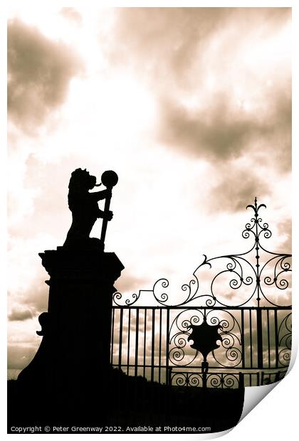 Wraught Iron Garden Gates With A Lion On A Column Print by Peter Greenway