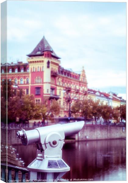 Public Pay Telescope Over The River Vltava In Prague, Czech Repu Canvas Print by Peter Greenway