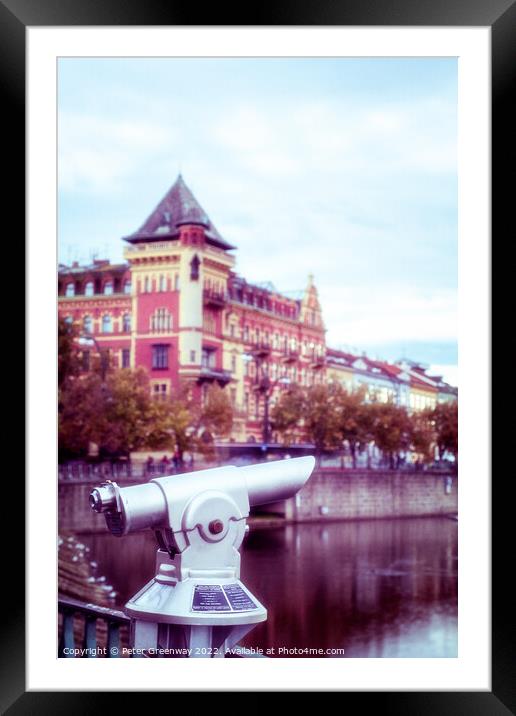 Public Pay Telescope Over The River Vltava In Prague, Czech Repu Framed Mounted Print by Peter Greenway