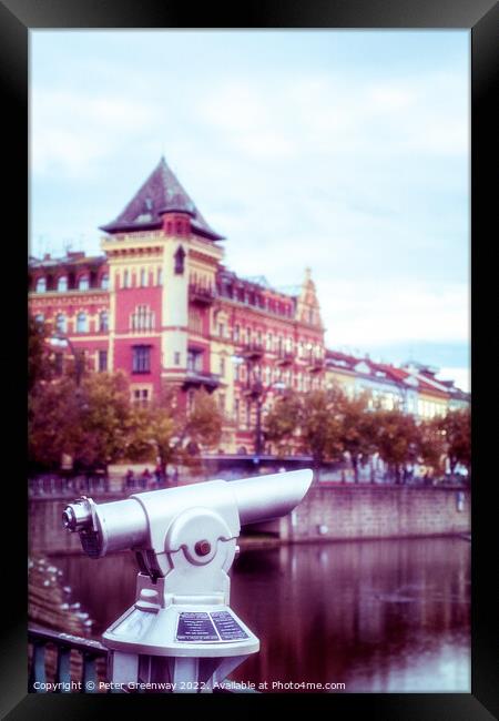 Public Pay Telescope Over The River Vltava In Prague, Czech Repu Framed Print by Peter Greenway