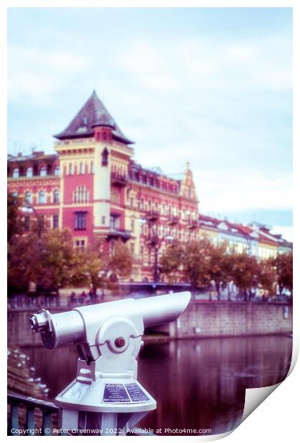 Public Pay Telescope Over The River Vltava In Prague, Czech Repu Print by Peter Greenway