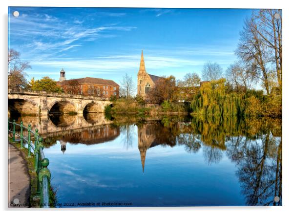 English Bridge Reflection Shrewsbury Late Autumn Acrylic by Rick Lindley