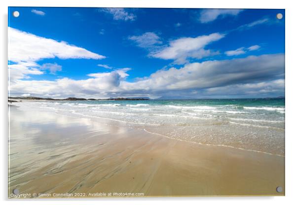 Camusdarach Beach looking over Eigg Acrylic by Simon Connellan