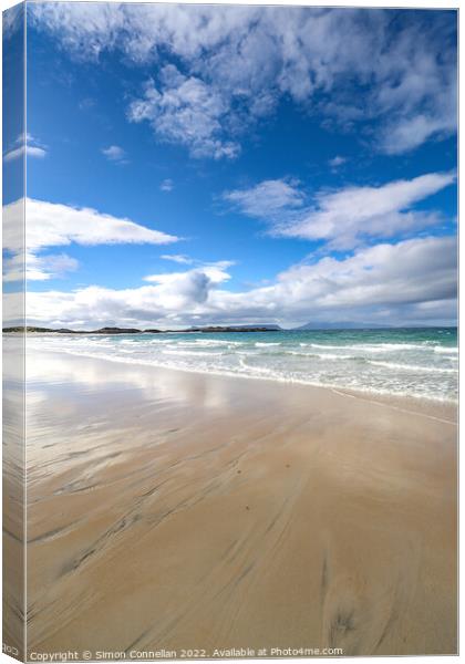Camusdarach Beach looking over Eigg Canvas Print by Simon Connellan