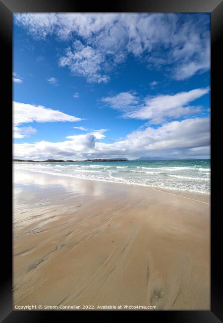 Camusdarach Beach looking over Eigg Framed Print by Simon Connellan