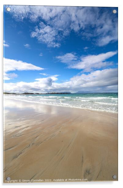 Camusdarach Beach looking over Eigg Acrylic by Simon Connellan