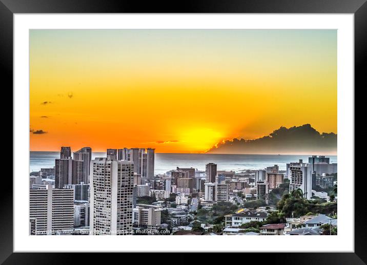 Colorful Sunset Tantalus Lookout Downtown Honolulu Hawaii Framed Mounted Print by William Perry