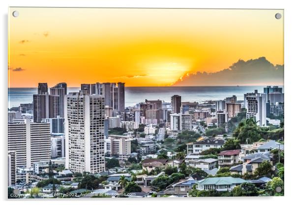 Colorful Sunset Tantalus Lookout Downtown Honolulu Hawaii Acrylic by William Perry