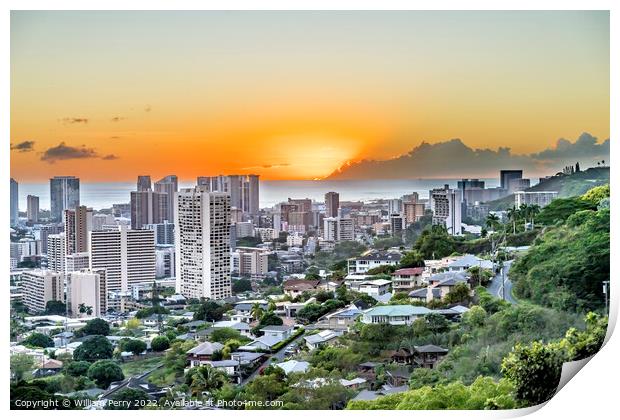 Colorful Sunset Tantalus Lookout Downtown Honolulu Hawaii Print by William Perry