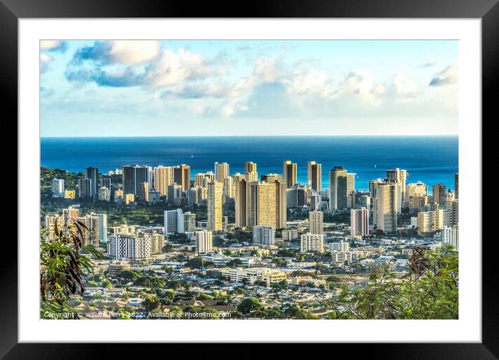 Colorful Hotels Waikiki Beach Tantalus Lookout Honolulu Hawaii Framed Mounted Print by William Perry