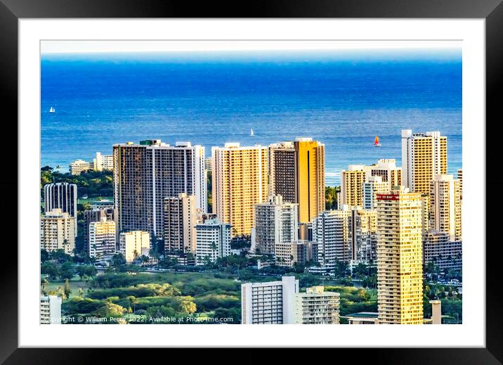 Colorful Hotels Ocean Waikiki Beach Tantalus Lookout Honolulu Ha Framed Mounted Print by William Perry