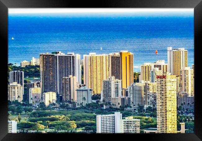 Colorful Hotels Ocean Waikiki Beach Tantalus Lookout Honolulu Ha Framed Print by William Perry